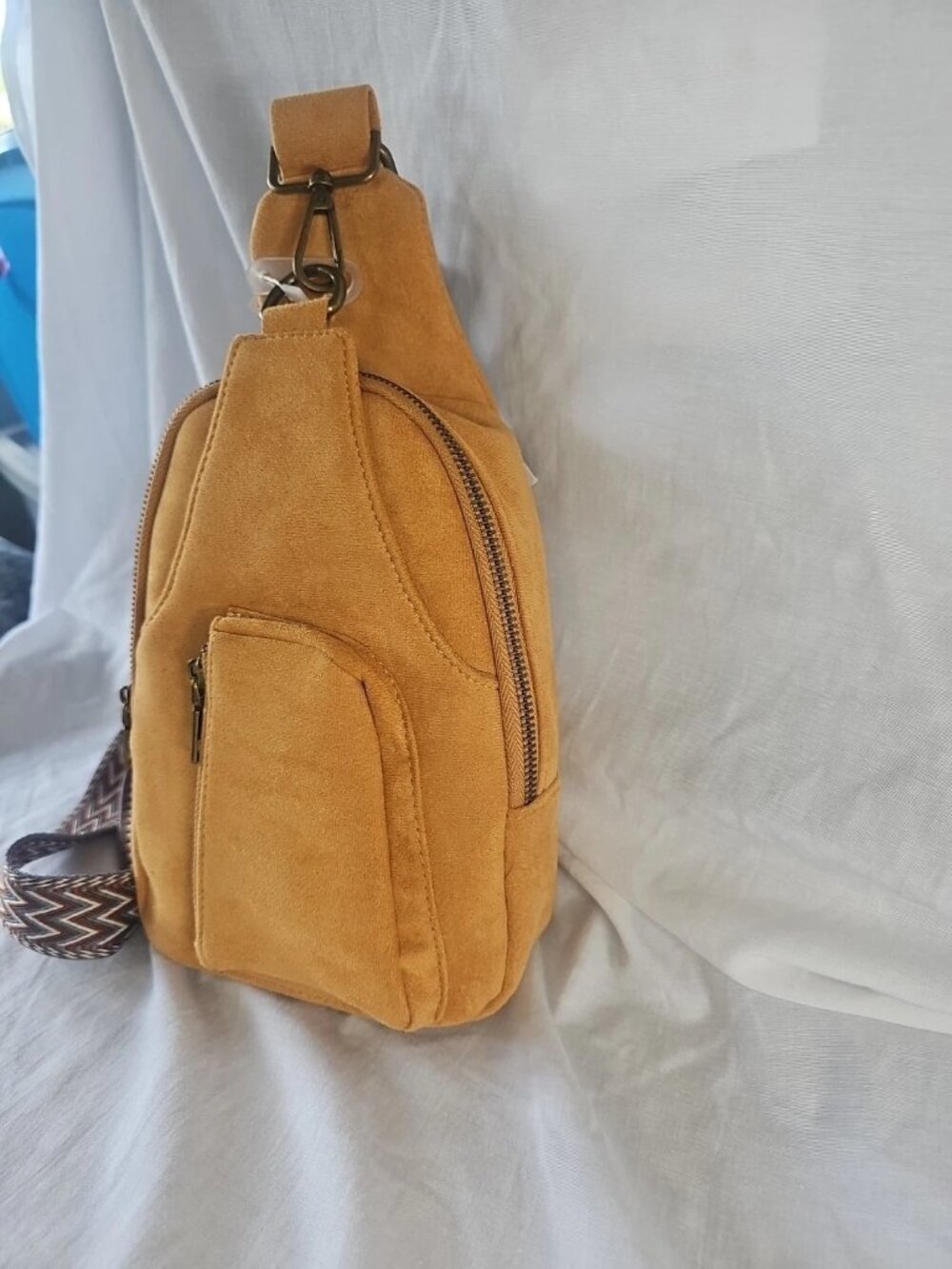 ahdorned Vegan Suede Mustard Yellow Crossbody Sling Bag with Tapestry Strap-NWT - Picture 3 of 5